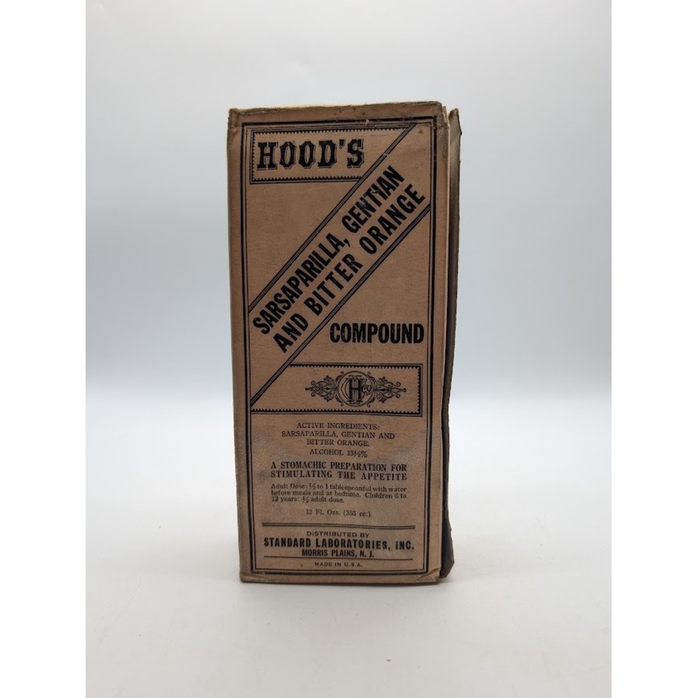 Vtg 1940 Hoods Sarsaparilla Gentian & Bitter Orange Compound Bottle Box Contents